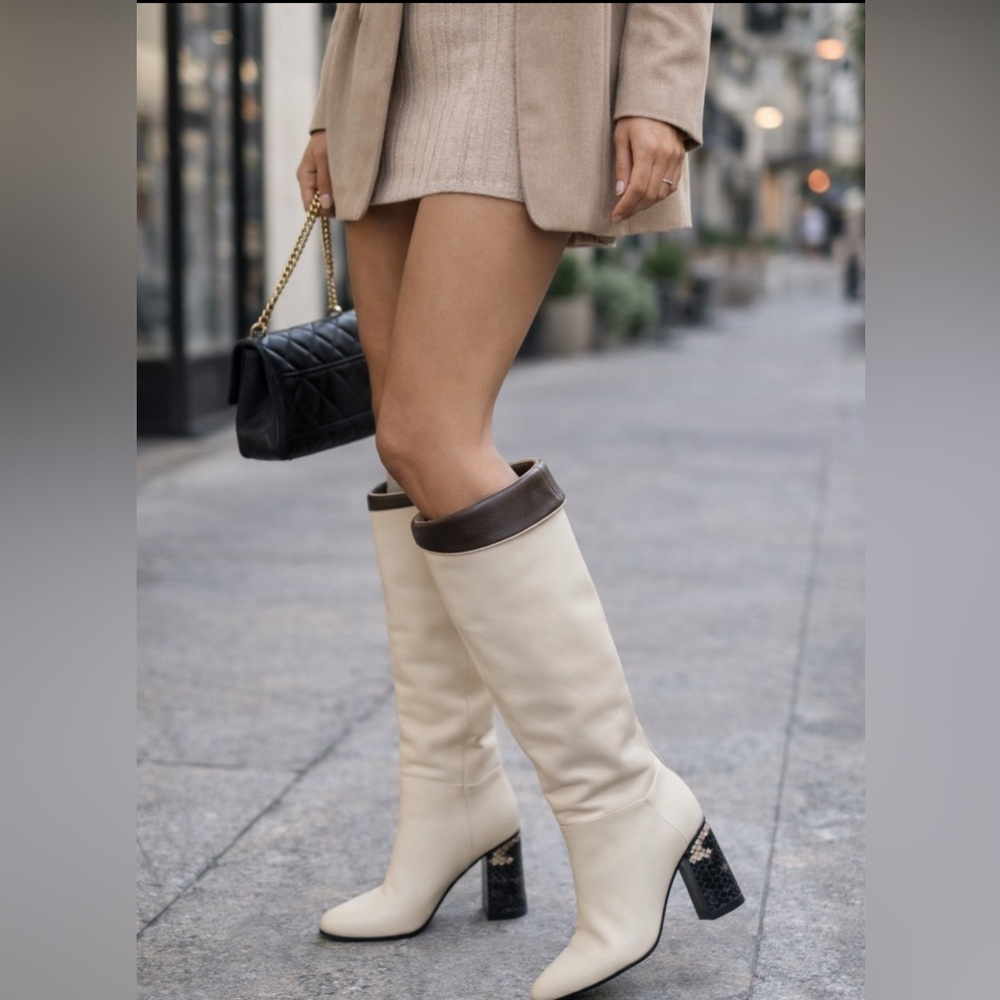 Vero Cuoio Cream Snakeskin Calf Leather Heeled Boots Size 37